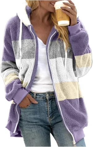Womens Thickened Fleece Overcoat Color Block Warm Winter Fleece Lined Hoodies Snow Coat Jacket Outwear