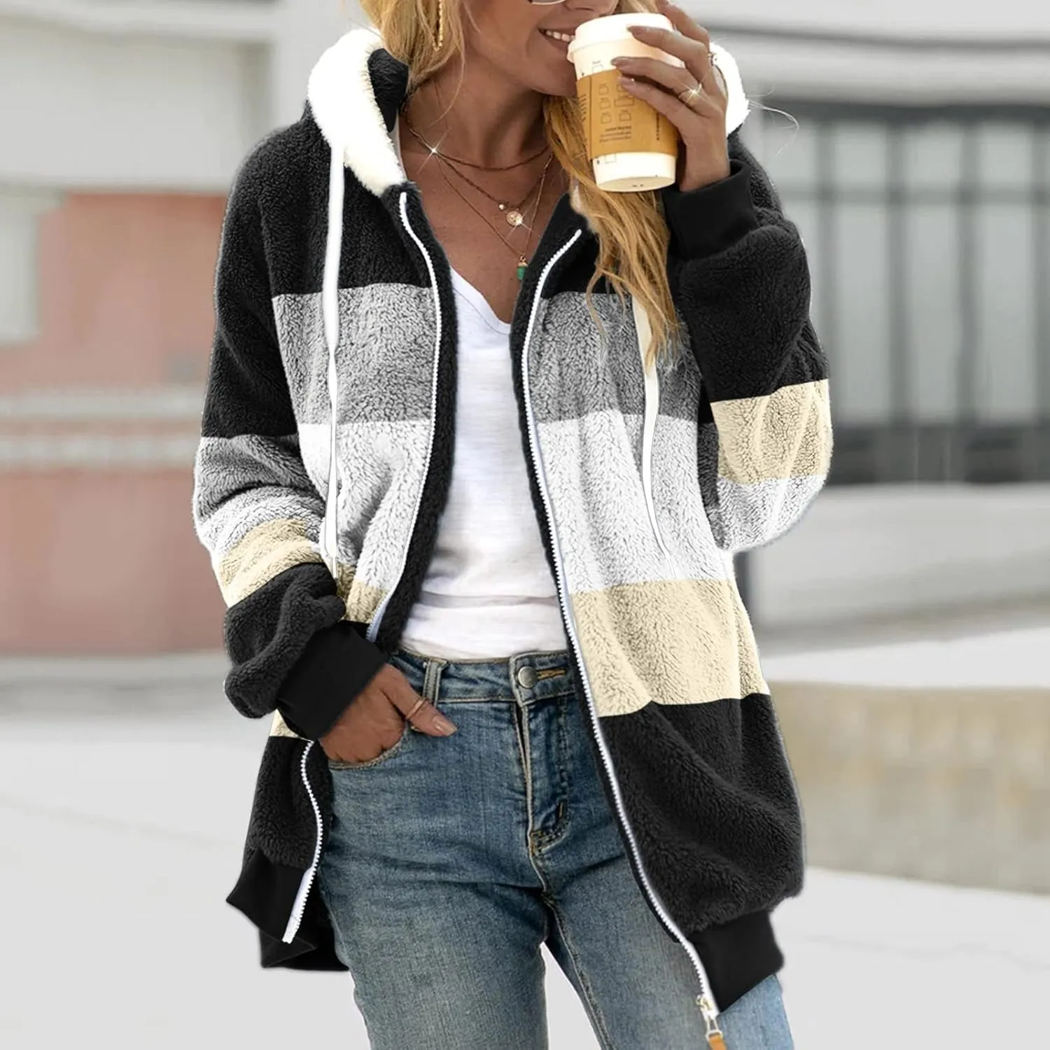 Womens Thickened Fleece Overcoat Color Block Warm Winter Fleece Lined Hoodies Snow Coat Jacket Outwear