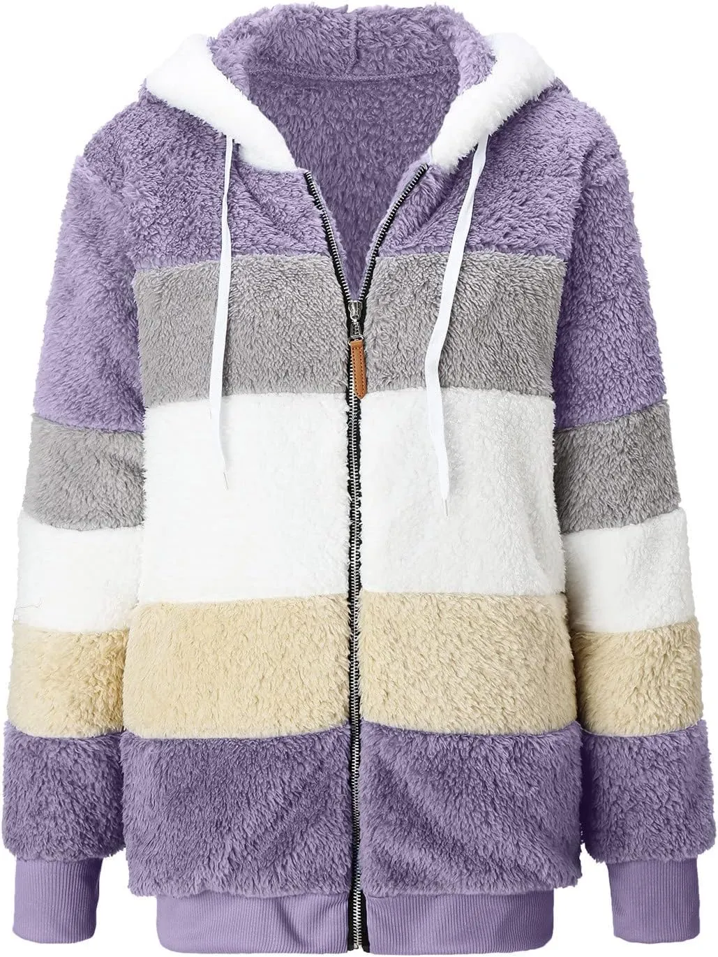 Womens Thickened Fleece Overcoat Color Block Warm Winter Fleece Lined Hoodies Snow Coat Jacket Outwear