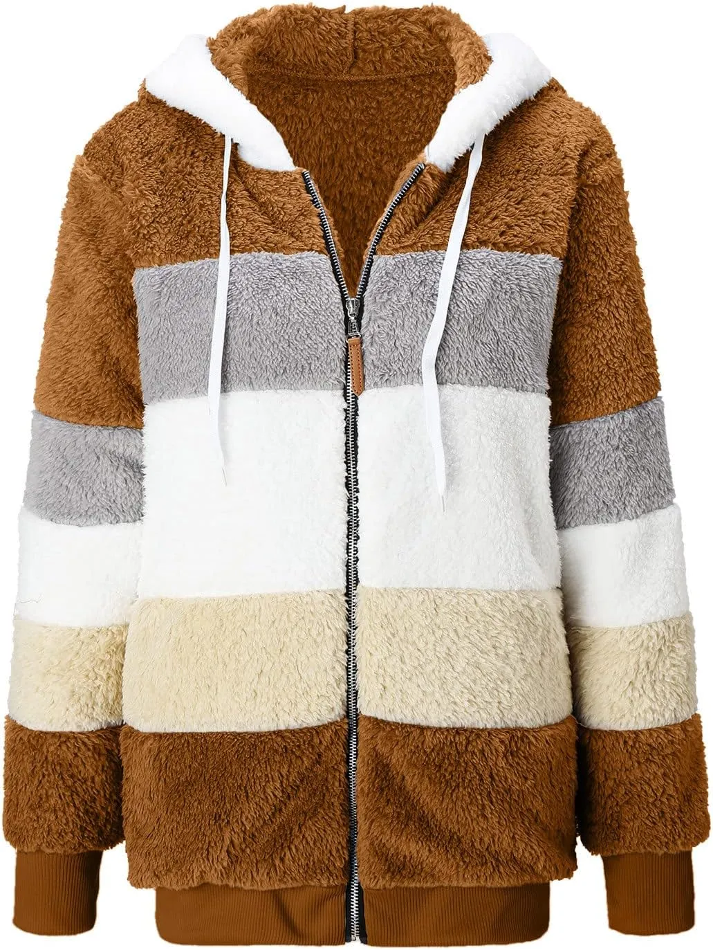 Womens Thickened Fleece Overcoat Color Block Warm Winter Fleece Lined Hoodies Snow Coat Jacket Outwear