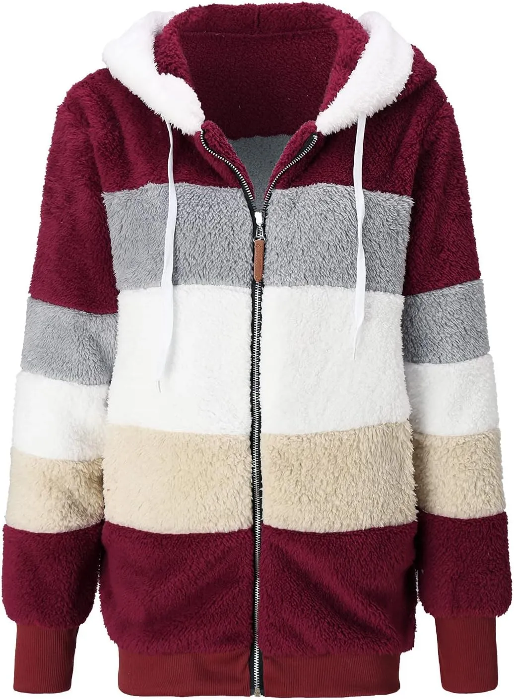 Womens Thickened Fleece Overcoat Color Block Warm Winter Fleece Lined Hoodies Snow Coat Jacket Outwear