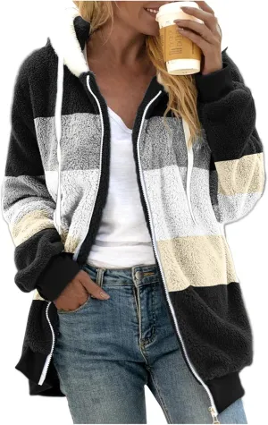Womens Thickened Fleece Overcoat Color Block Warm Winter Fleece Lined Hoodies Snow Coat Jacket Outwear