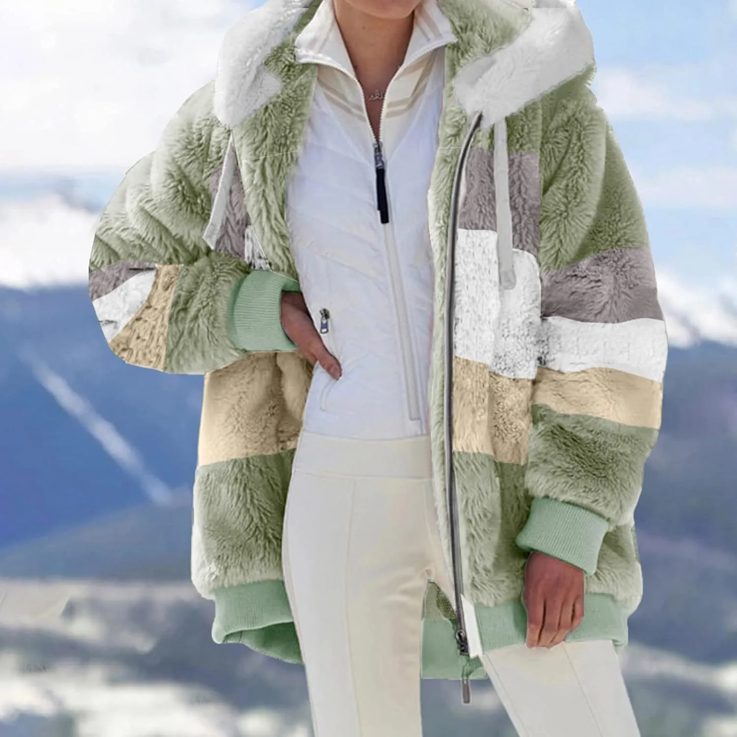 Womens Thickened Fleece Overcoat Color Block Warm Winter Fleece Lined Hoodies Snow Coat Jacket Outwear