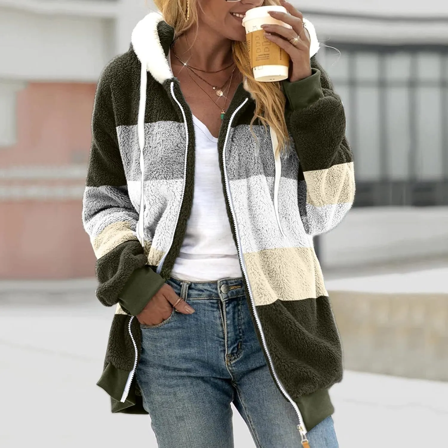 Womens Thickened Fleece Overcoat Color Block Warm Winter Fleece Lined Hoodies Snow Coat Jacket Outwear