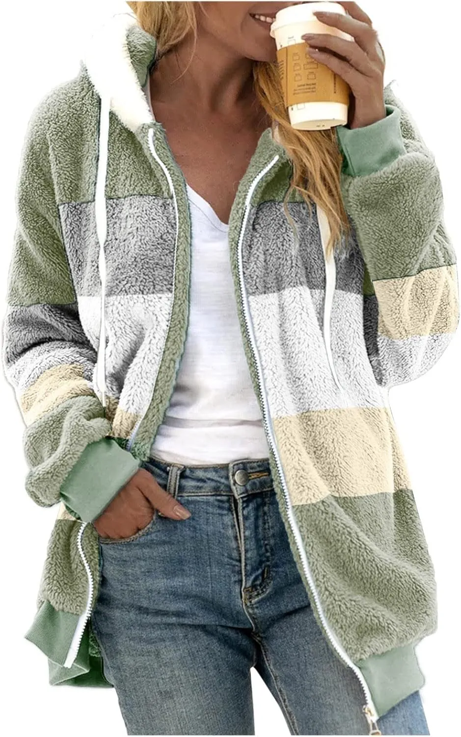 Womens Thickened Fleece Overcoat Color Block Warm Winter Fleece Lined Hoodies Snow Coat Jacket Outwear