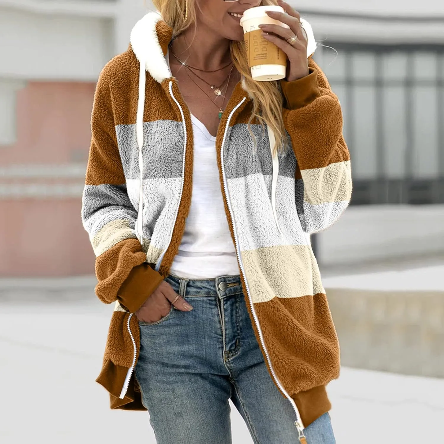 Womens Thickened Fleece Overcoat Color Block Warm Winter Fleece Lined Hoodies Snow Coat Jacket Outwear