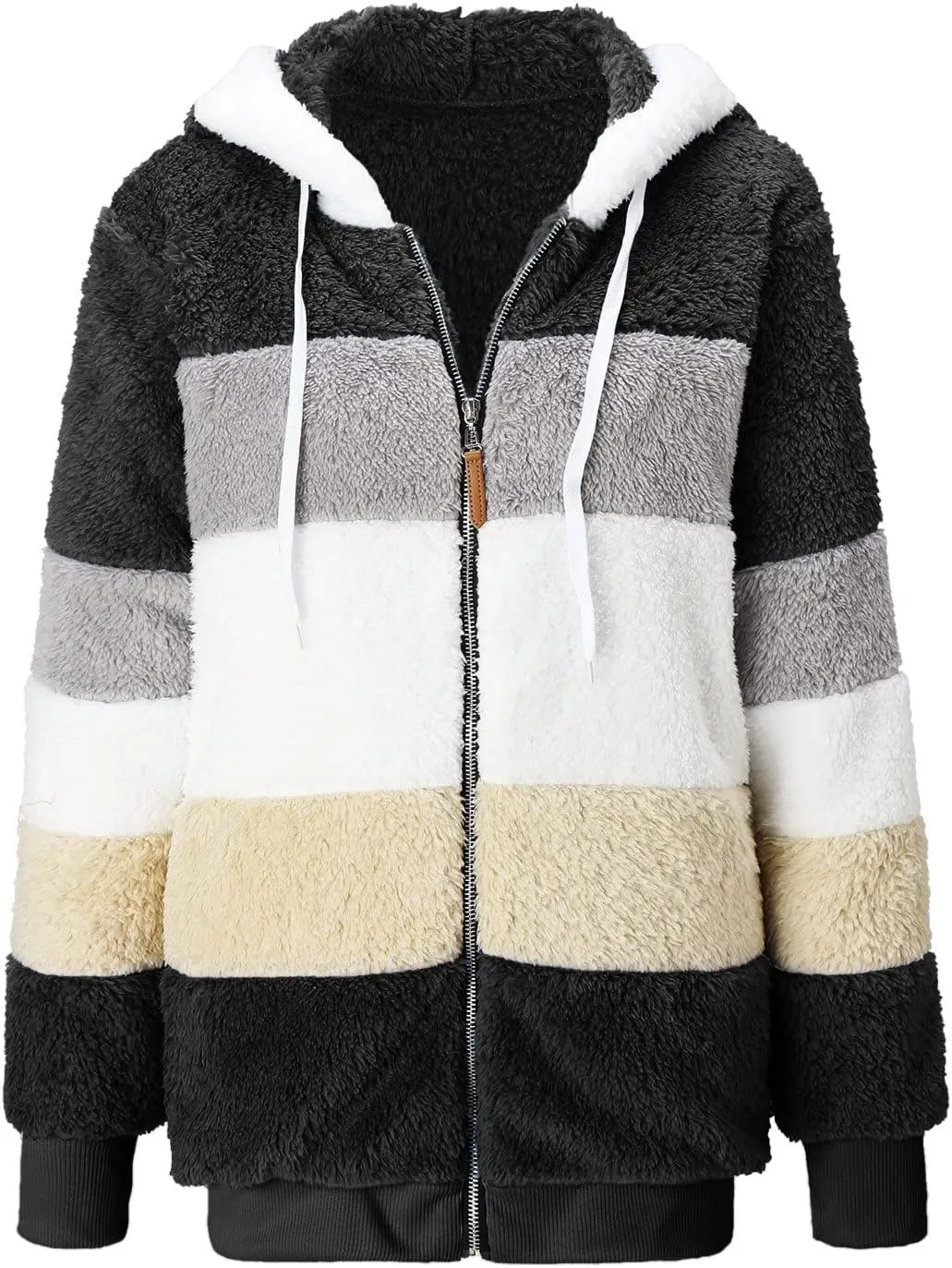 Womens Thickened Fleece Overcoat Color Block Warm Winter Fleece Lined Hoodies Snow Coat Jacket Outwear