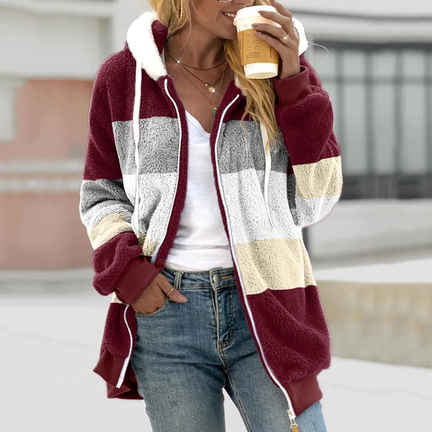 Womens Thickened Fleece Overcoat Color Block Warm Winter Fleece Lined Hoodies Snow Coat Jacket Outwear