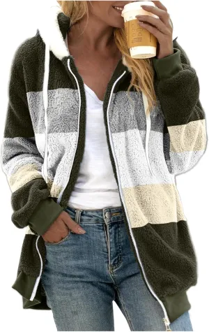 Womens Thickened Fleece Overcoat Color Block Warm Winter Fleece Lined Hoodies Snow Coat Jacket Outwear