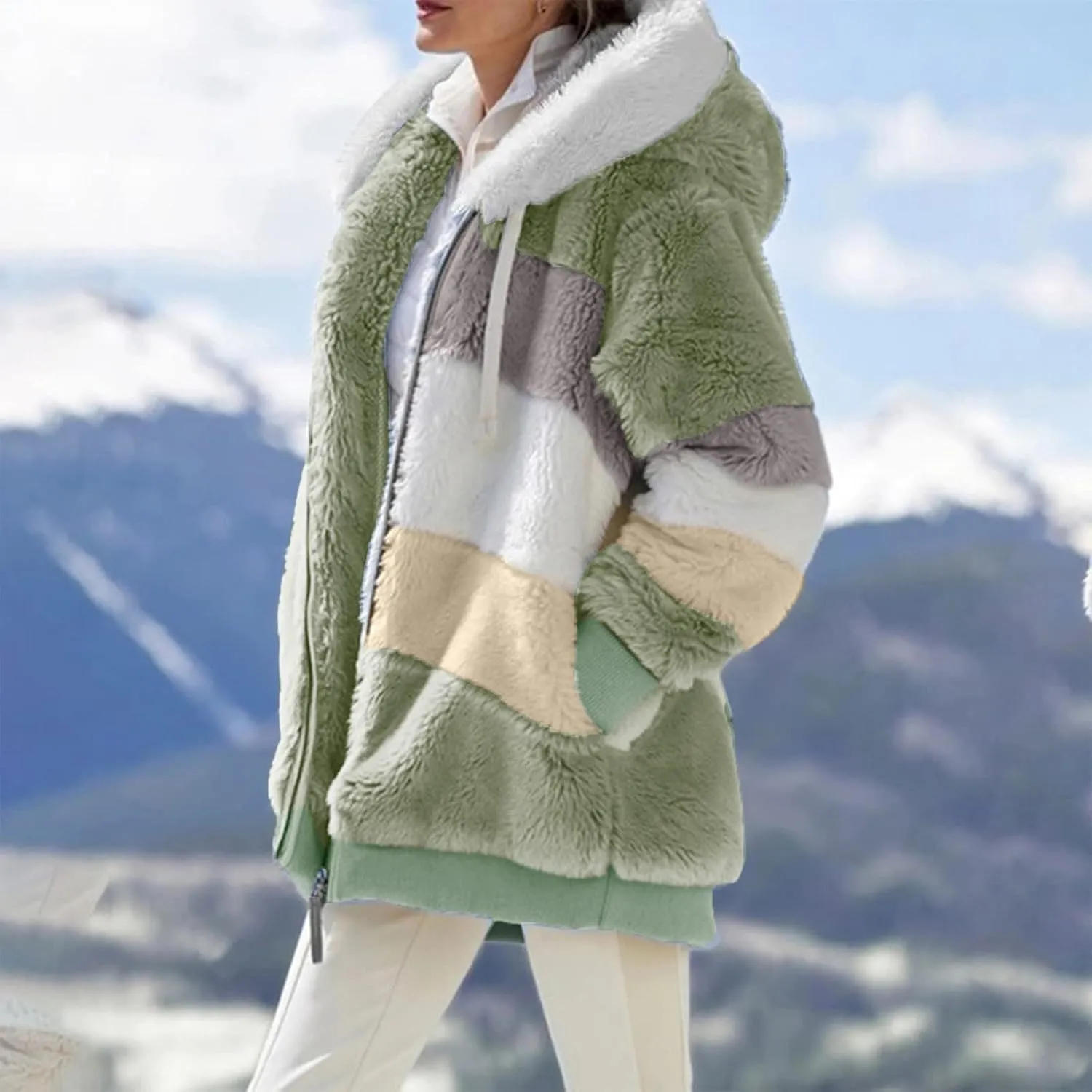 Womens Thickened Fleece Overcoat Color Block Warm Winter Fleece Lined Hoodies Snow Coat Jacket Outwear