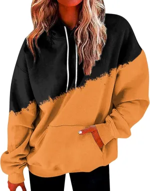Women's Tie Dye Hoodies Fall Long Sleeve Casual Color Block Oversized Pullover Sweatshirt with Pocket