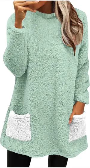 Women's Winter Fleece Sweatshirt Loose Solid Pocket Cozy Sweaters Long Sleeve Sherpa Pullover Warm Tops
