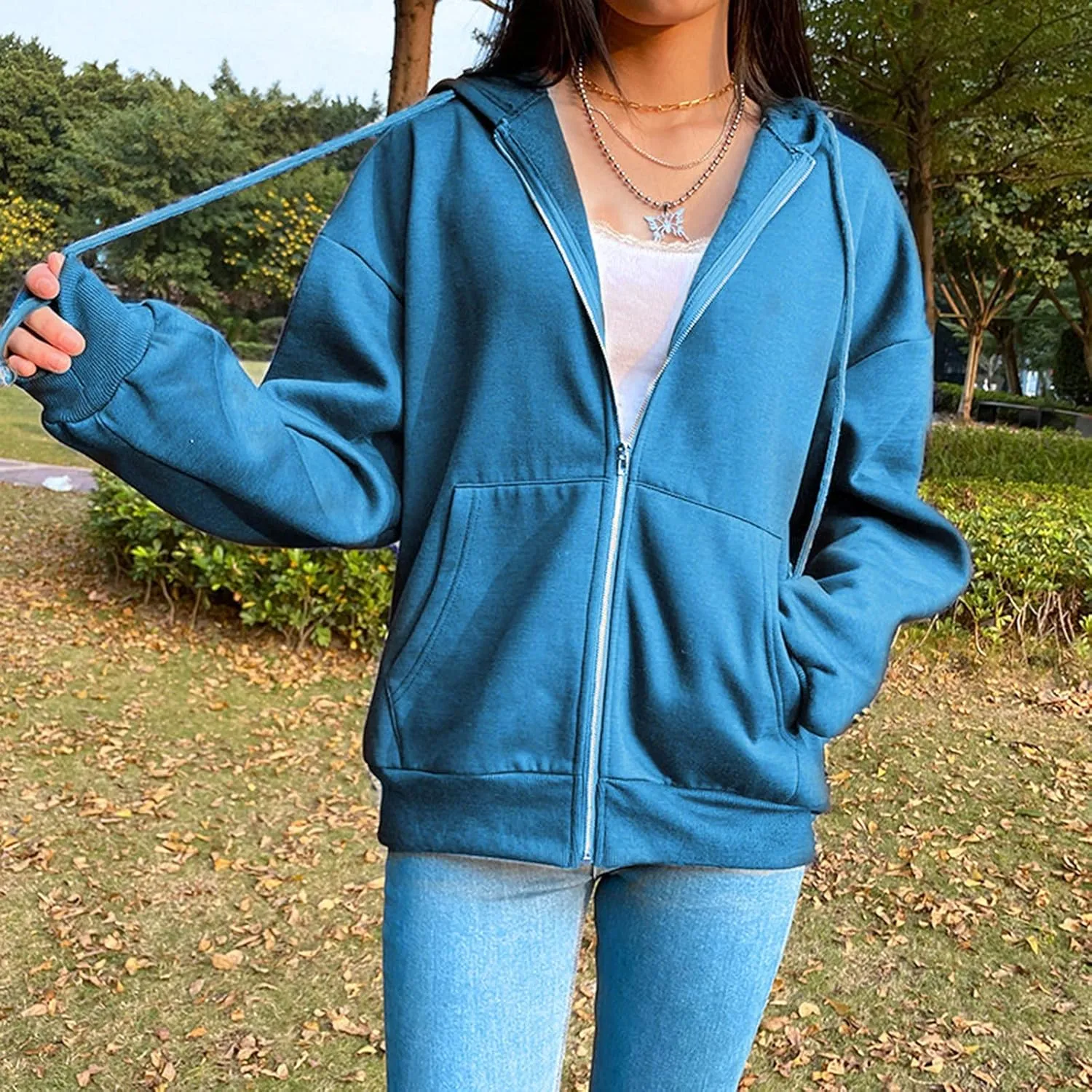 Women's Zip Front Drawstring Hoodie Long Sleeve Casual Sweatshirt Top Black Hoodies for Women