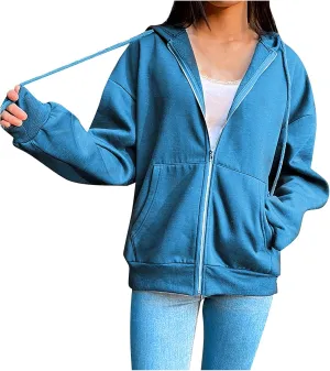 Women's Zip Front Drawstring Hoodie Long Sleeve Casual Sweatshirt Top Black Hoodies for Women