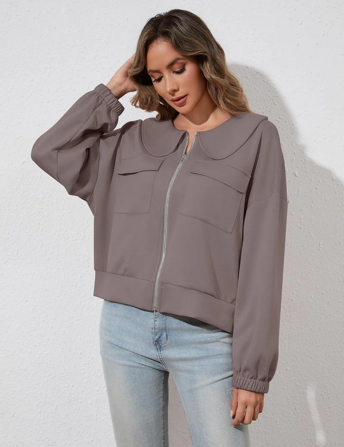 Womens Zip Up Sweatshirt Jacket Collared Casual Loose Long Sleeve Drop Shoulder Sweatshirt with Pockets