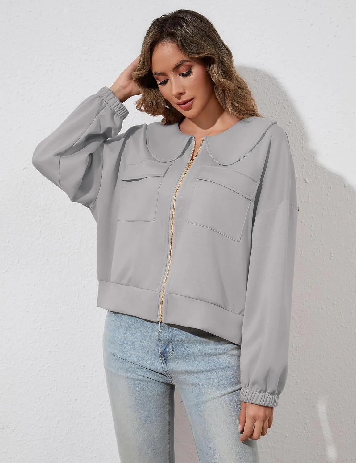 Womens Zip Up Sweatshirt Jacket Collared Casual Loose Long Sleeve Drop Shoulder Sweatshirt with Pockets