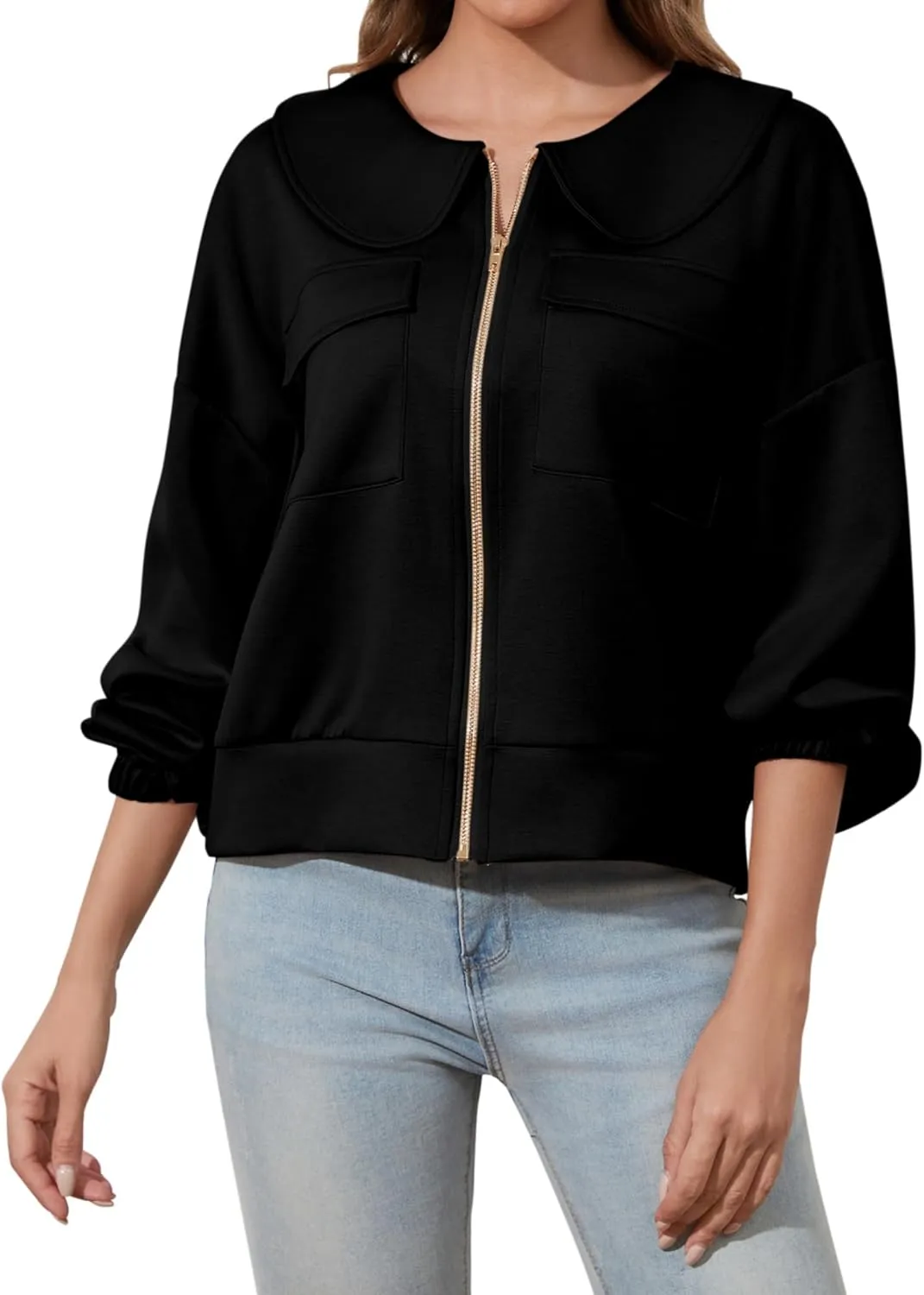 Womens Zip Up Sweatshirt Jacket Collared Casual Loose Long Sleeve Drop Shoulder Sweatshirt with Pockets