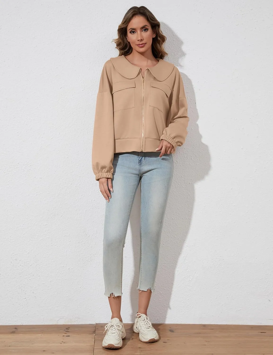 Womens Zip Up Sweatshirt Jacket Collared Casual Loose Long Sleeve Drop Shoulder Sweatshirt with Pockets
