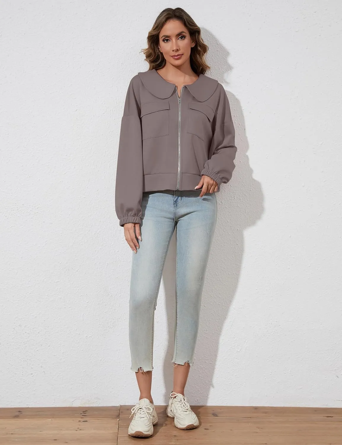 Womens Zip Up Sweatshirt Jacket Collared Casual Loose Long Sleeve Drop Shoulder Sweatshirt with Pockets
