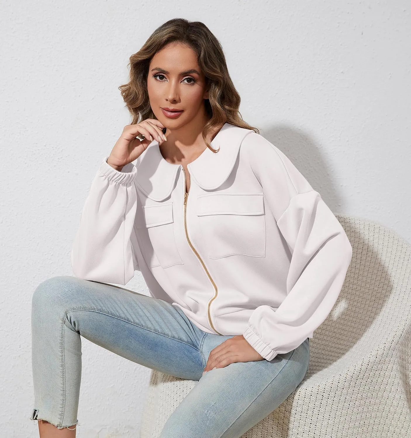 Womens Zip Up Sweatshirt Jacket Collared Casual Loose Long Sleeve Drop Shoulder Sweatshirt with Pockets