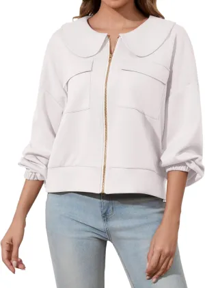 Womens Zip Up Sweatshirt Jacket Collared Casual Loose Long Sleeve Drop Shoulder Sweatshirt with Pockets