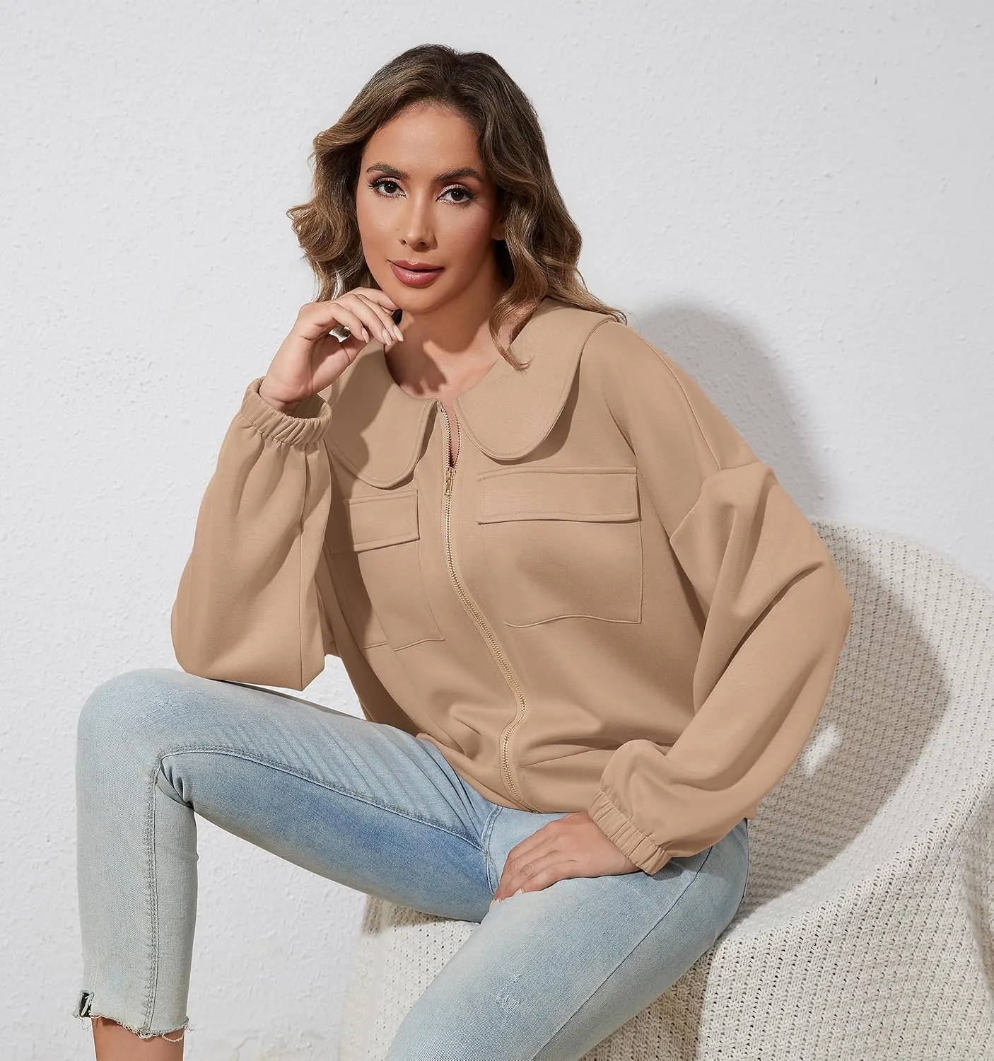 Womens Zip Up Sweatshirt Jacket Collared Casual Loose Long Sleeve Drop Shoulder Sweatshirt with Pockets