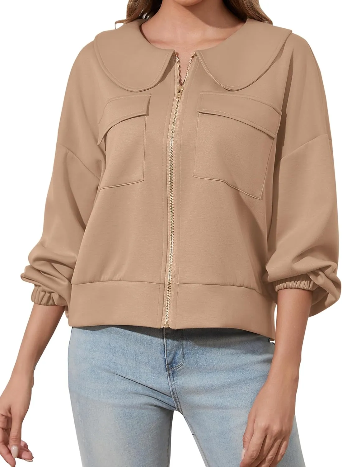 Womens Zip Up Sweatshirt Jacket Collared Casual Loose Long Sleeve Drop Shoulder Sweatshirt with Pockets