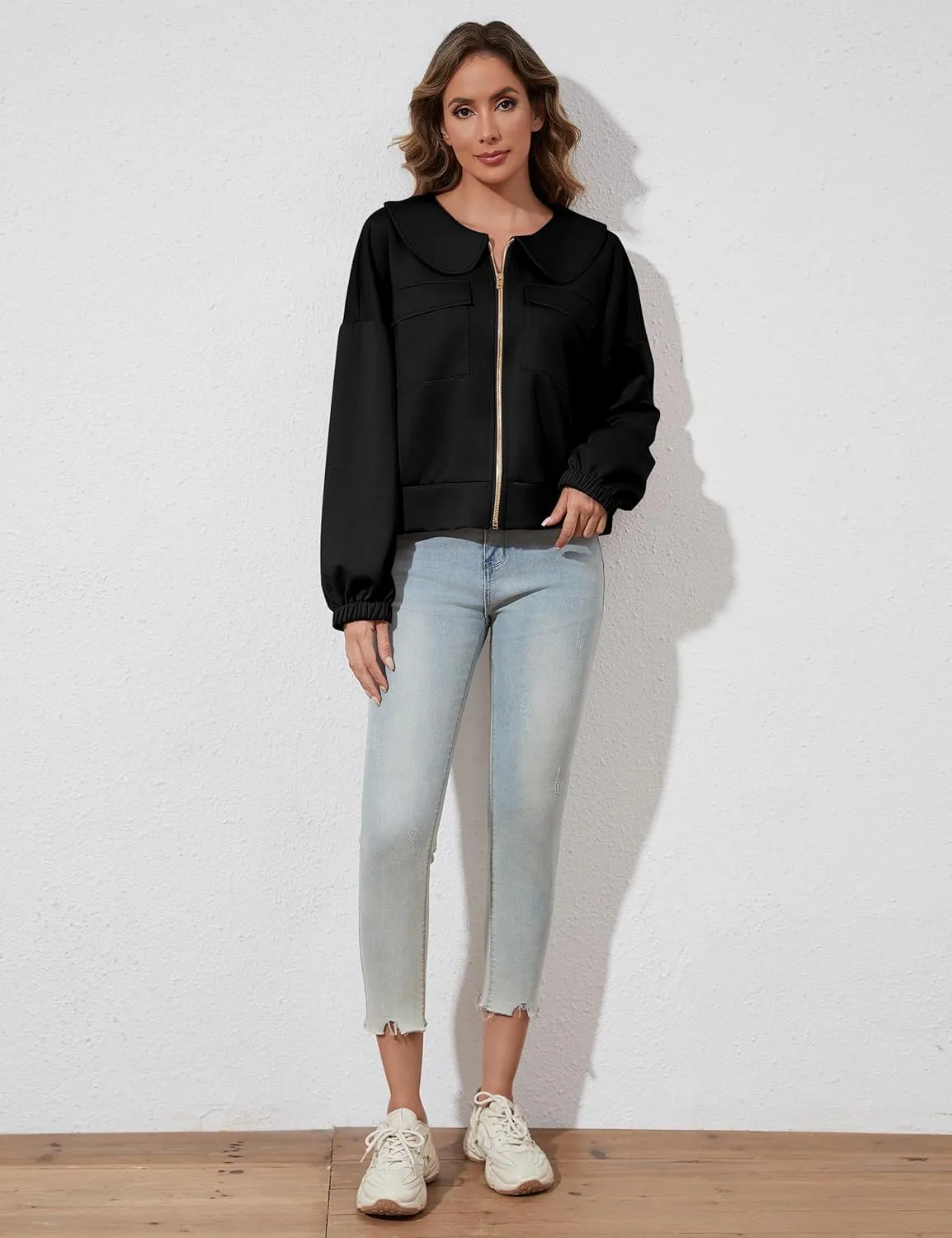 Womens Zip Up Sweatshirt Jacket Collared Casual Loose Long Sleeve Drop Shoulder Sweatshirt with Pockets