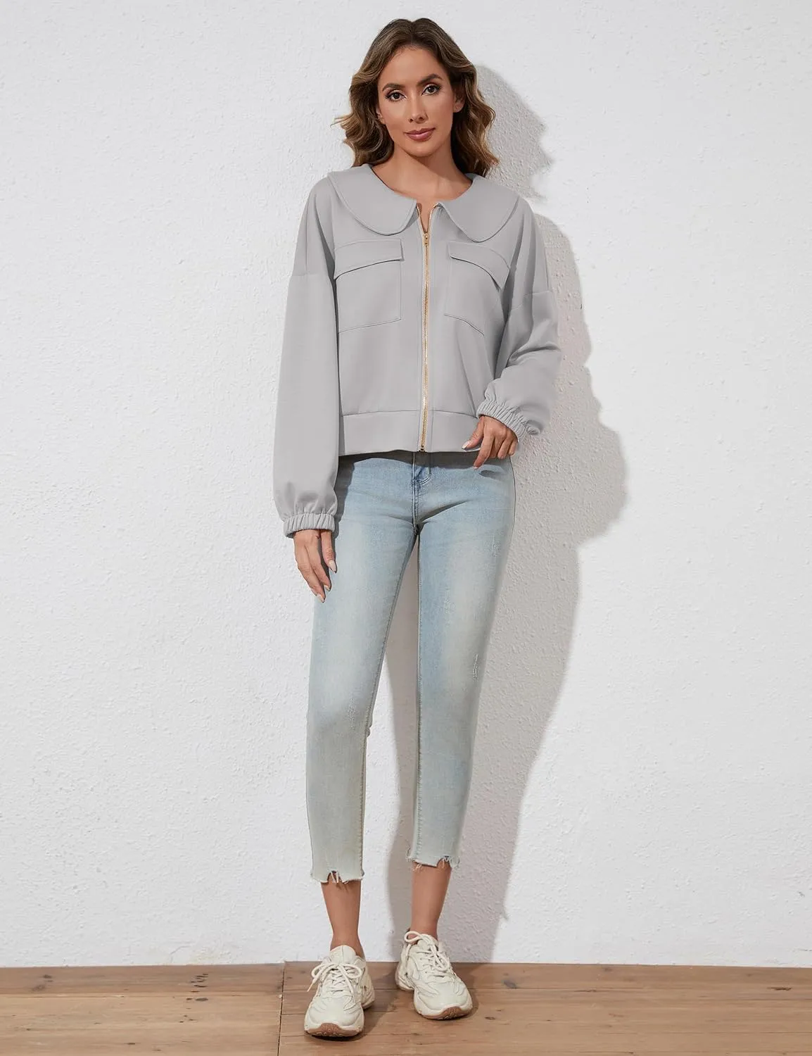 Womens Zip Up Sweatshirt Jacket Collared Casual Loose Long Sleeve Drop Shoulder Sweatshirt with Pockets