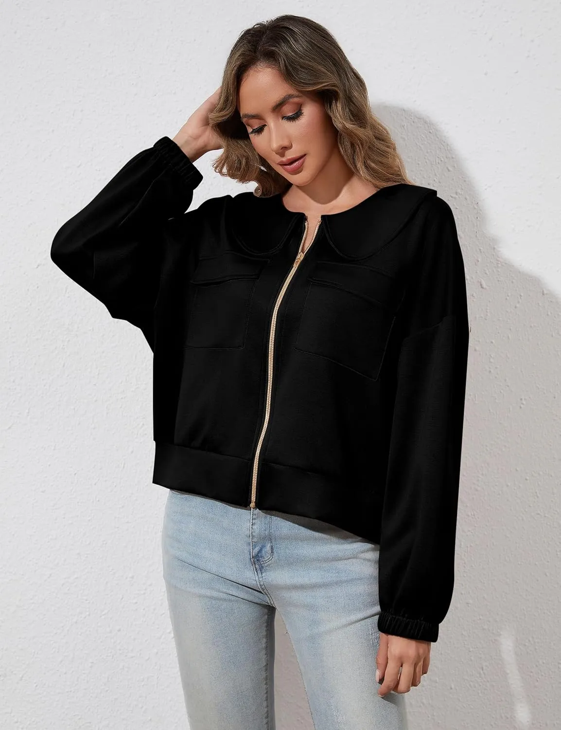 Womens Zip Up Sweatshirt Jacket Collared Casual Loose Long Sleeve Drop Shoulder Sweatshirt with Pockets