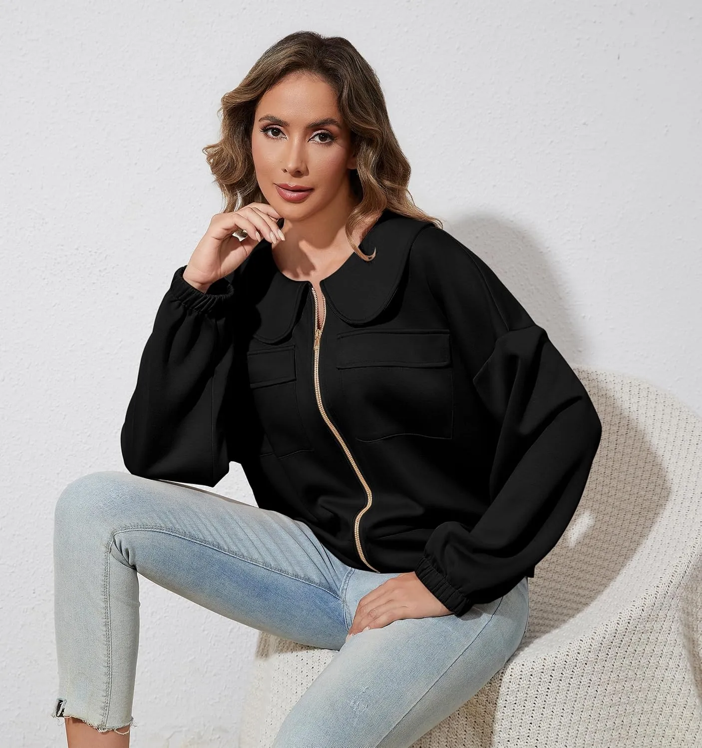 Womens Zip Up Sweatshirt Jacket Collared Casual Loose Long Sleeve Drop Shoulder Sweatshirt with Pockets