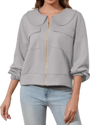 Womens Zip Up Sweatshirt Jacket Collared Casual Loose Long Sleeve Drop Shoulder Sweatshirt with Pockets