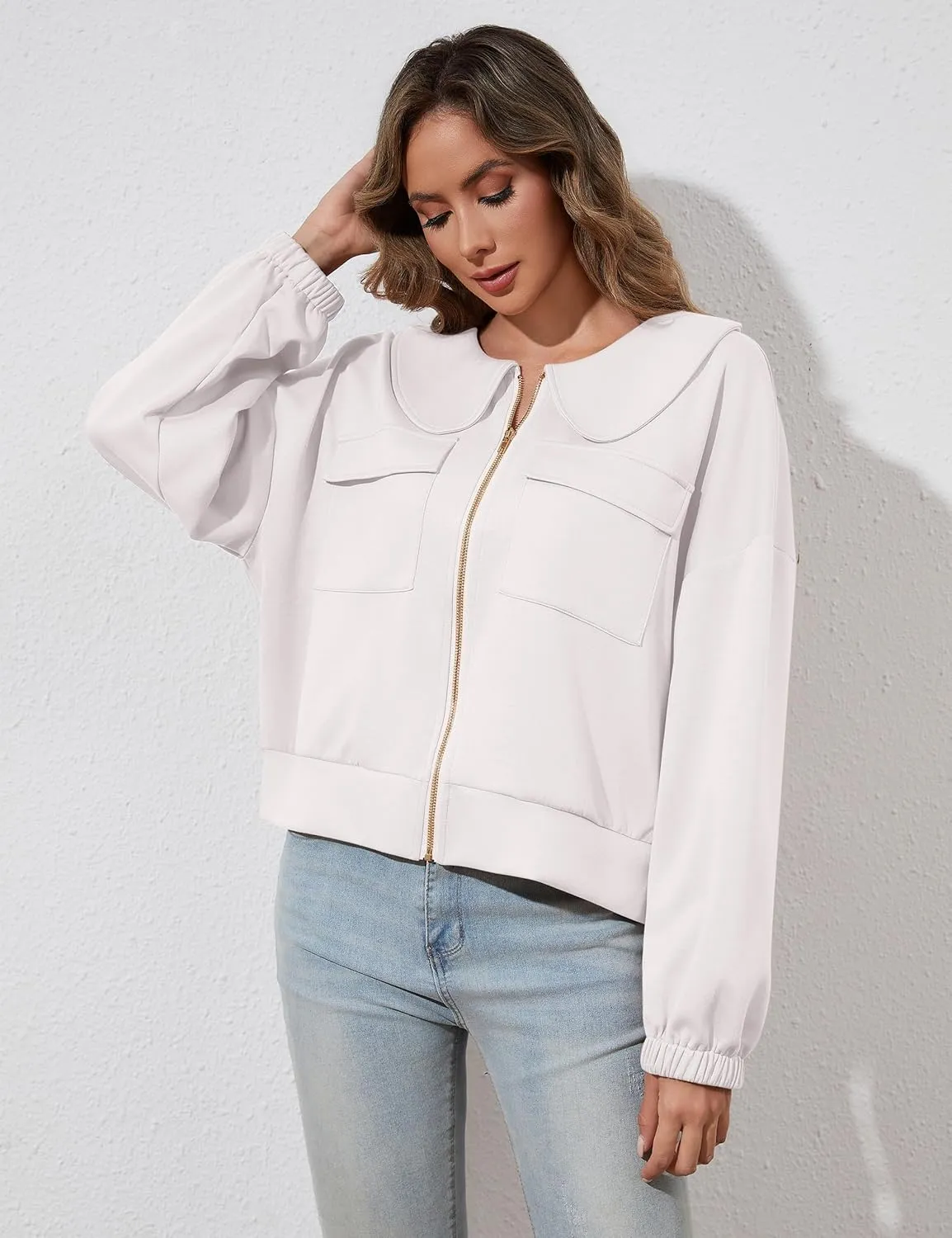 Womens Zip Up Sweatshirt Jacket Collared Casual Loose Long Sleeve Drop Shoulder Sweatshirt with Pockets
