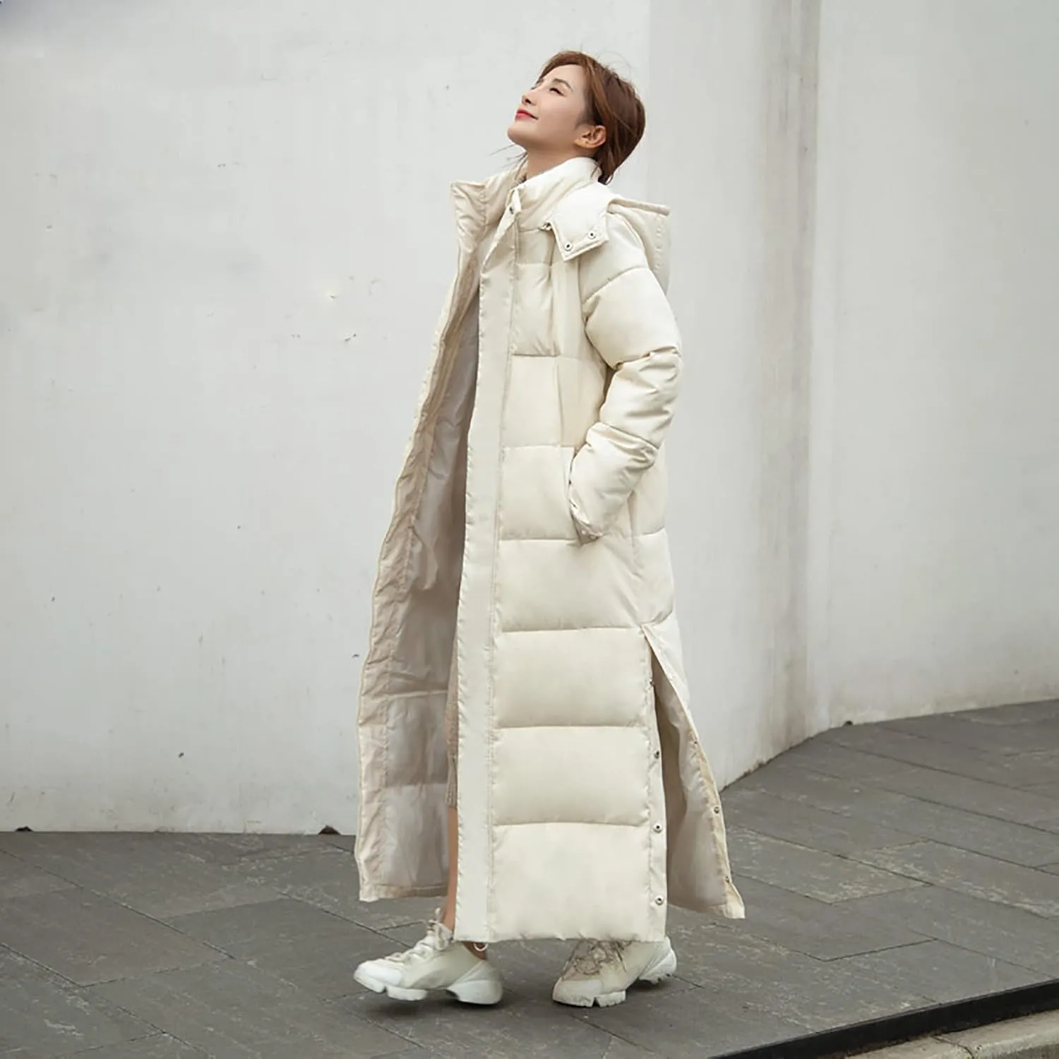 XUNRYAN Winter Jackets Womens Warm Puffer Down Coat Maxi Long Coats Hooded Quilted Lightweight Parka Anorak Outdoor Outwear
