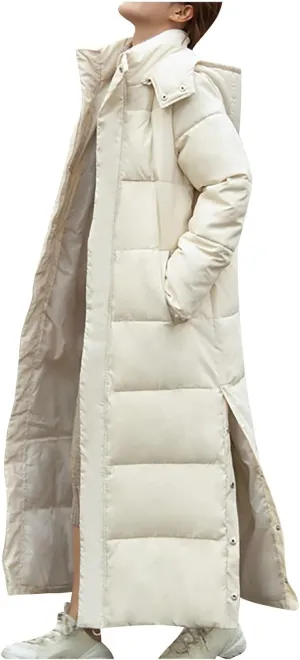 XUNRYAN Winter Jackets Womens Warm Puffer Down Coat Maxi Long Coats Hooded Quilted Lightweight Parka Anorak Outdoor Outwear