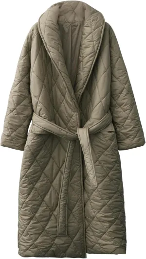 XUNRYAN Women’s Shawl Collar Winter Warm Down Coats Long Quilted Lightweight Puffer Jackets Fashion Diamond Plaid Kimono Coat