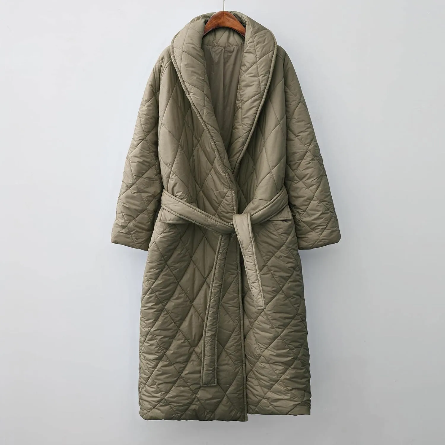 XUNRYAN Women’s Shawl Collar Winter Warm Down Coats Long Quilted Lightweight Puffer Jackets Fashion Diamond Plaid Kimono Coat