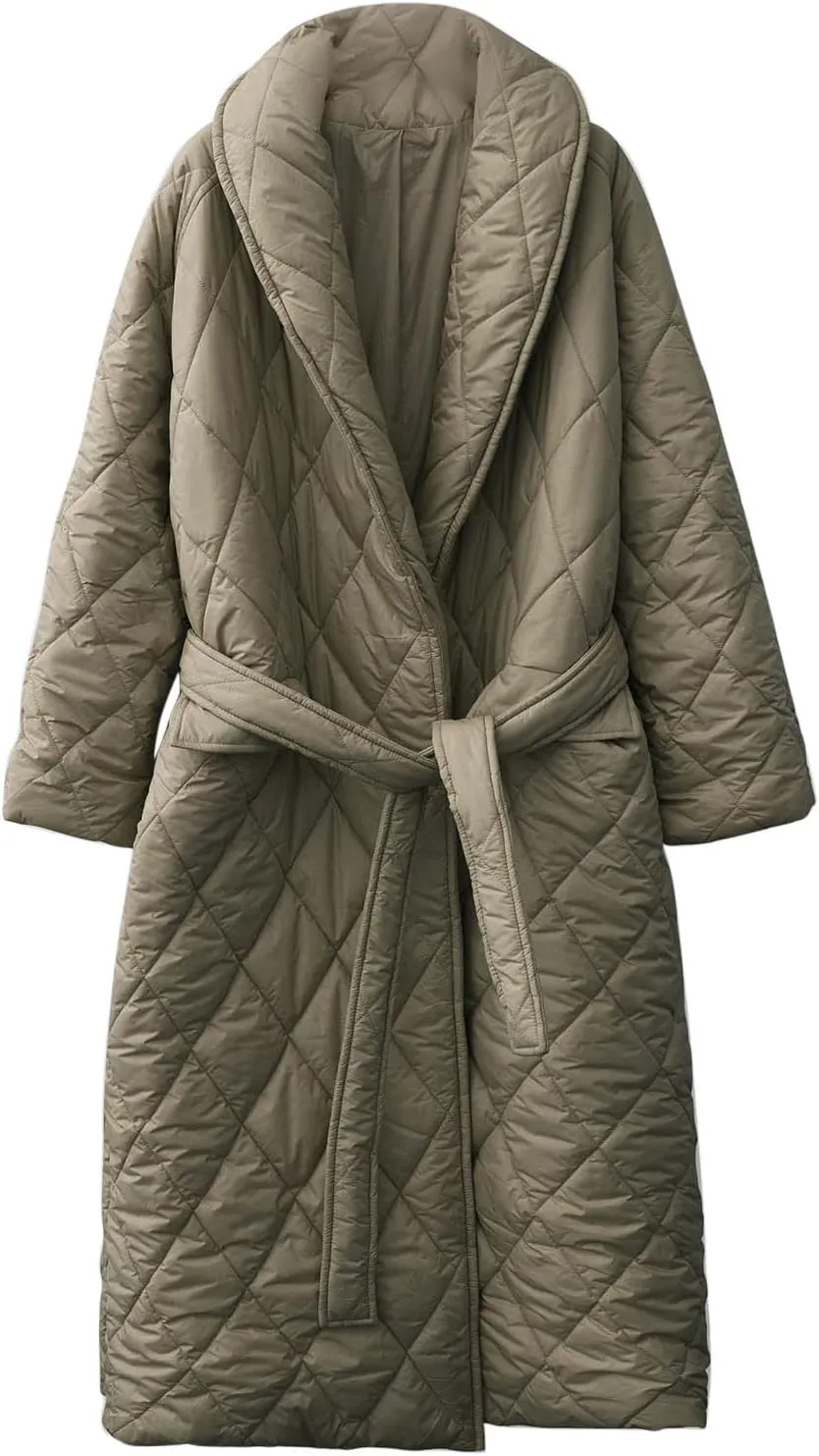 XUNRYAN Women’s Shawl Collar Winter Warm Down Coats Long Quilted Lightweight Puffer Jackets Fashion Diamond Plaid Kimono Coat