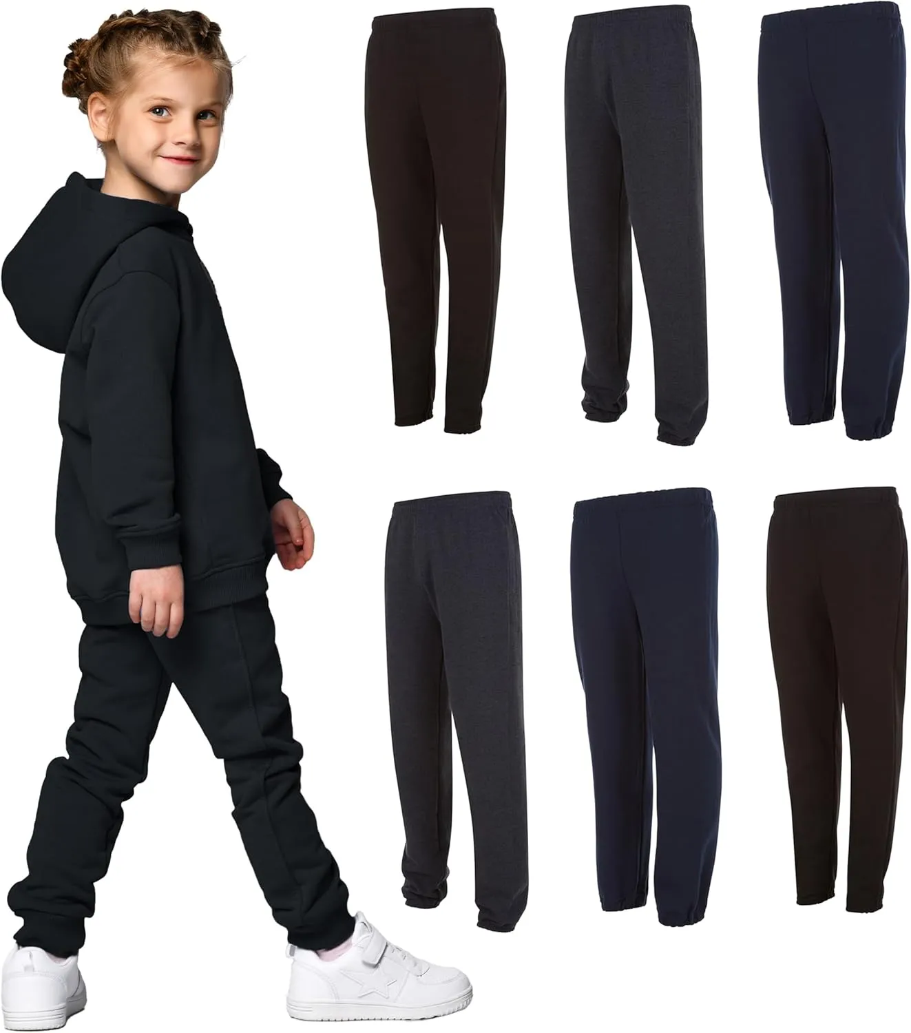 Yacht & Smith 6 Pack of Boys Jogger Bulk Sweatpants, Black Navy Gray, Comfy Lounge Joggers for Kids
