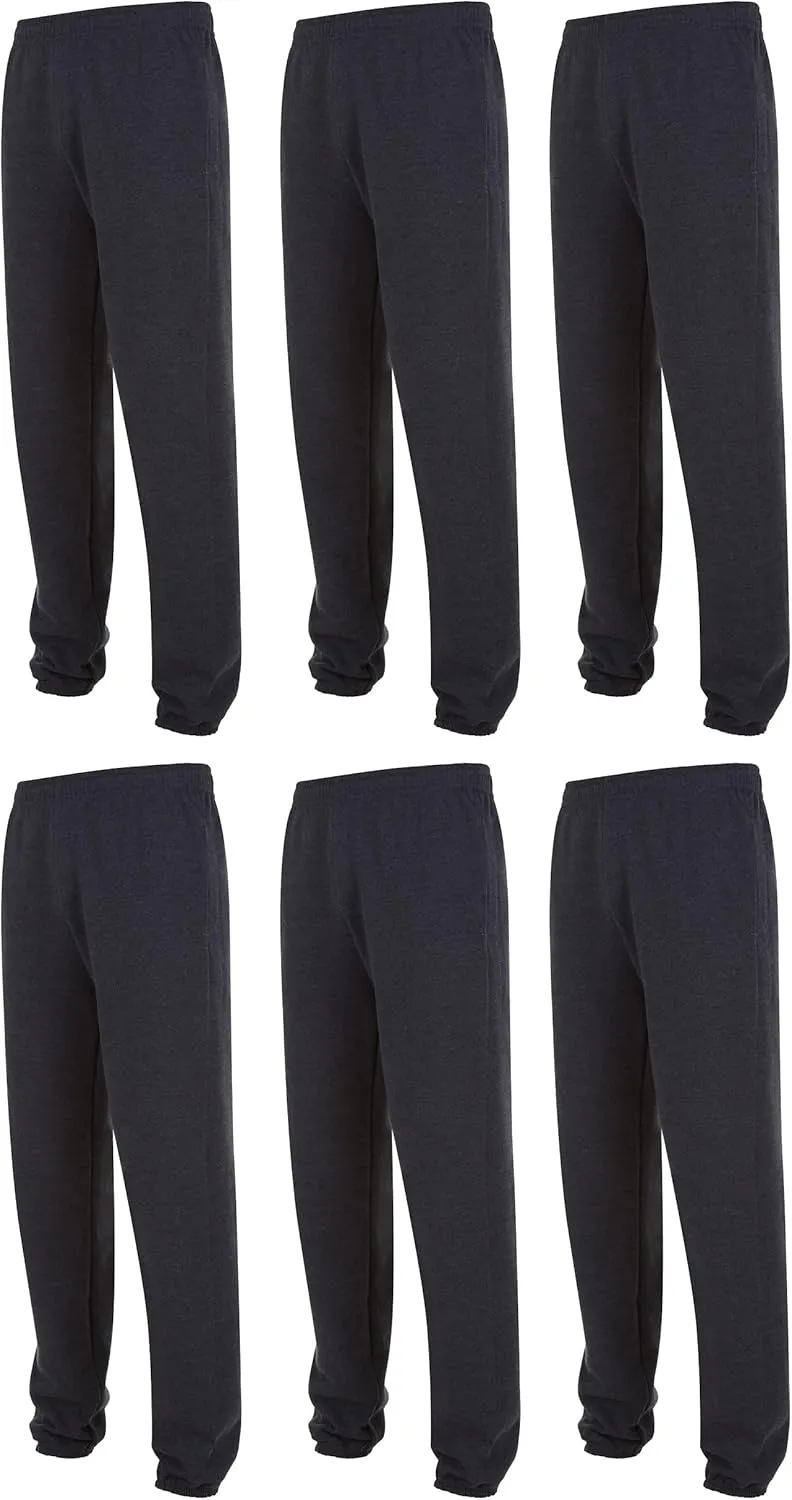 Yacht & Smith 6 Pack of Boys Jogger Bulk Sweatpants, Black Navy Gray, Comfy Lounge Joggers for Kids