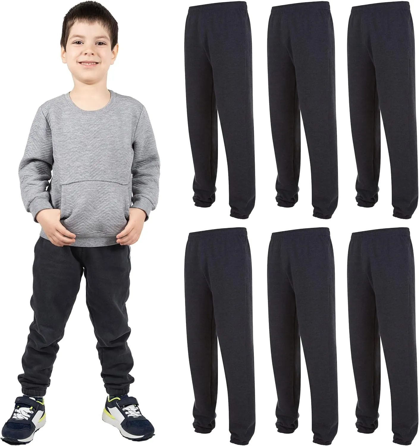 Yacht & Smith 6 Pack of Boys Jogger Bulk Sweatpants, Black Navy Gray, Comfy Lounge Joggers for Kids