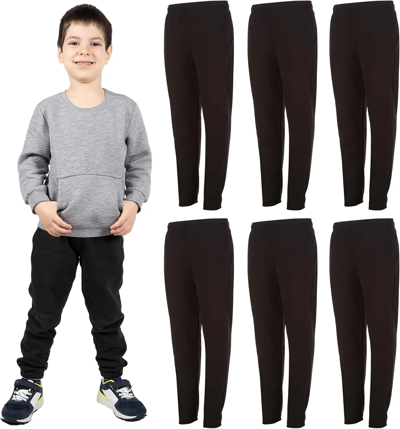 Yacht & Smith 6 Pack of Boys Jogger Bulk Sweatpants, Black Navy Gray, Comfy Lounge Joggers for Kids