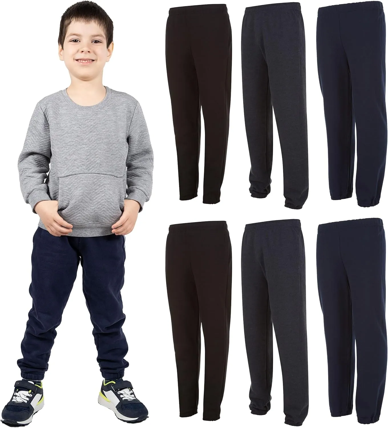 Yacht & Smith 6 Pack of Boys Jogger Bulk Sweatpants, Black Navy Gray, Comfy Lounge Joggers for Kids