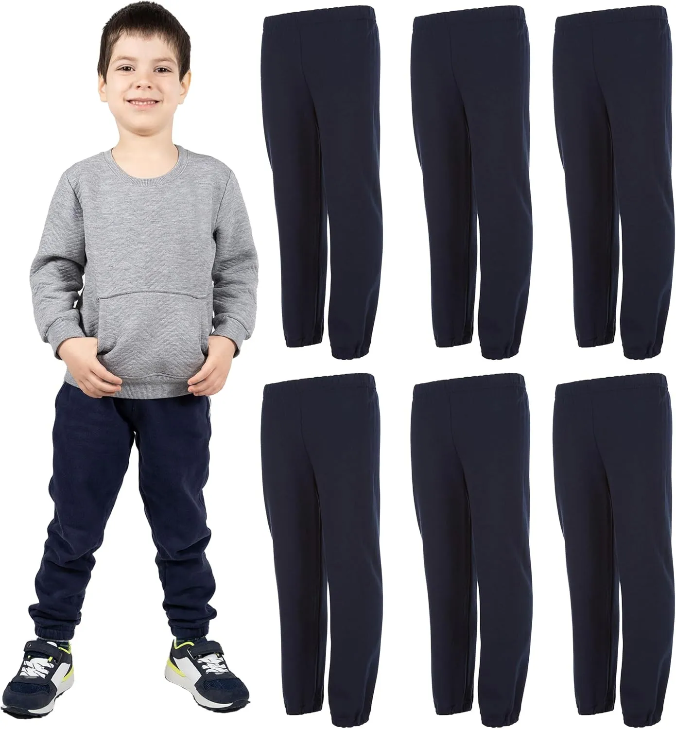 Yacht & Smith 6 Pack of Boys Jogger Bulk Sweatpants, Black Navy Gray, Comfy Lounge Joggers for Kids