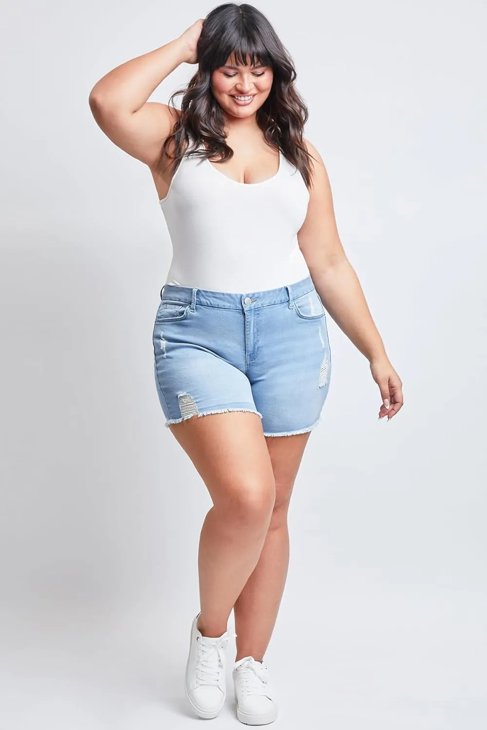 YMI Women's Plus Size Curvy Fit High Rise Jeans Shorts with Fray Hem