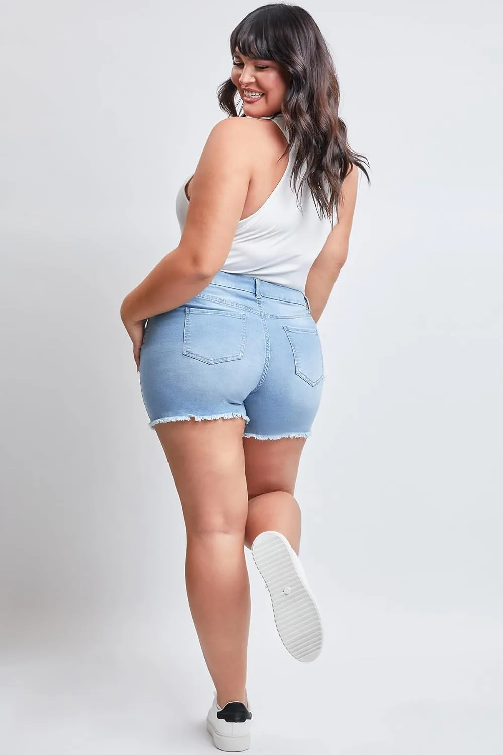 YMI Women's Plus Size Curvy Fit High Rise Jeans Shorts with Fray Hem