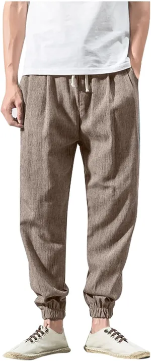 Ymosrh Men's Sweatpants Vintage Cotton and Linen Casual Pants Solid Color Fashionable Loose Leg Pants Sweatpants, M-5XL