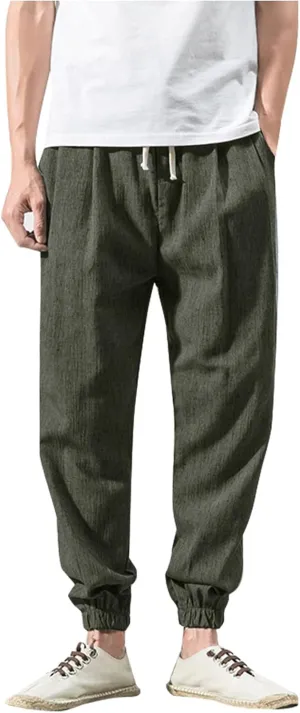 Ymosrh Men's Sweatpants Vintage Cotton and Linen Casual Pants Solid Color Fashionable Loose Leg Pants Sweatpants, M-5XL