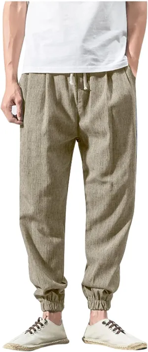 Ymosrh Men's Sweatpants Vintage Cotton and Linen Casual Pants Solid Color Fashionable Loose Leg Pants Sweatpants, M-5XL