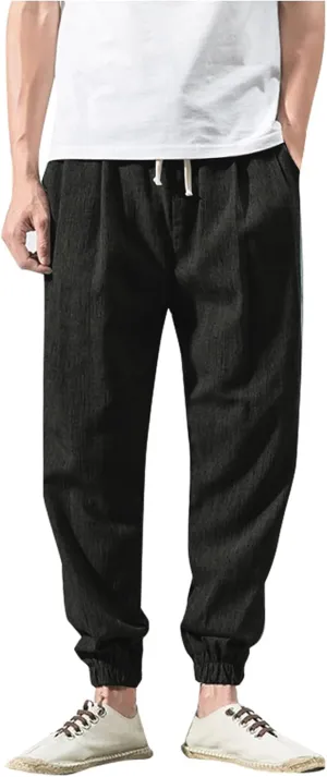 Ymosrh Men's Sweatpants Vintage Cotton and Linen Casual Pants Solid Color Fashionable Loose Leg Pants Sweatpants, M-5XL
